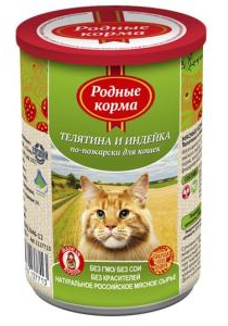 Корм РОДНЫЕ КОРМА Телятина и индейка по-пожарски конс. для кошек 100г - фото 91657