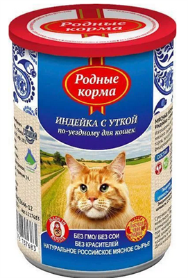 Корм РОДНЫЕ КОРМА Индейка с уткой по-уездному конс. для кошек 410г - фото 91716