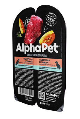Корм AlphaPet Superpremium пауч для собак с чувствит. пищев-м "Телятина и тыква в соусе"100г (1904) - фото 91817