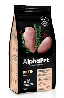 Корм AlphaPet Superpremium сухой полнор-й для котят, беремен и кормящих кошек с цыпленком 3кг(0921) - фото 92192
