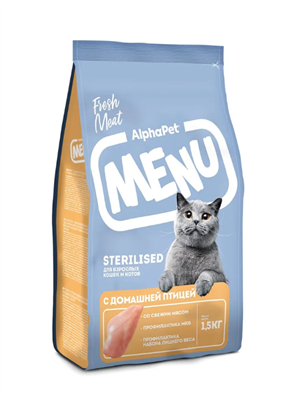 Корм AlphaPet Menu для стерил. кошек и котов с домашней птицей 1,5кг (2796) - фото 92211