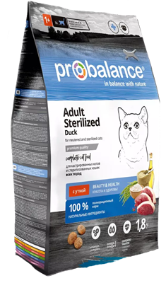 Корм ProBalance Adult Sterilized Duck для взр.стерилиз. кошек/кастр. котов, утка, 1,8кг (3266) - фото 92537
