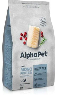 Корм AlphaPet Superpremium MONOPROTEIN сухой полнор-й для взр.собак мелк.пор.из белой рыбы 3кг(2888) - фото 94796