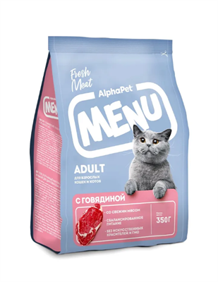 Корм AlphaPet Menu для взросл. кошек и котов с говядиной 0,35кг (2734) - фото 94945