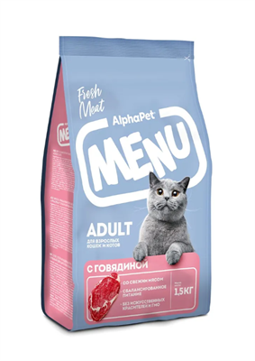 Корм AlphaPet Menu для взросл. кошек и котов с говядиной 1,5кг (2765) - фото 94946