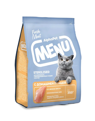 Корм AlphaPet Menu для стерил. кошек и котов с домашней птицей 0,35кг (2789) - фото 94948