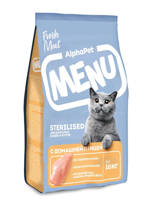 Корм AlphaPet Menu для стерил. кошек и котов с домашней птицей 10кг (2802) - фото 94950