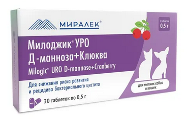 МИЛОДЖИК УРО Д-манноза+клюква (для мелких собак и кошек), 30 табл - фото 95126
