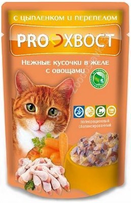 Корм PROХВОСТ пауч для кошек, с цыпленком/перепелом в желе с овощами, 85гр (1644) - фото 95906