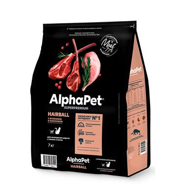 Корм AlphaPet Superpremium сух.полнор-й с ягненком и кроликом д/вывед.шерсти у кошек и кот 7кг(6121) - фото 96382