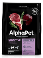 Корм AlphaPet Superpremium сухой полнор-й для собак сред/пород с чувс пищ баранина и потрошк7кг(1751