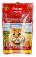 Корм РОДНЫЕ КОРМА пауч для кошек с ягненк и рубцом в желе по-архангел. 85гр (для ул-я пищевар)(4259)