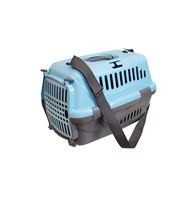 Переноска для животных "Турне" М с прозр. пласт. дверцей (коврик+ремень) 48*32*32 голубая (16121)