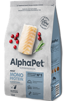 Корм AlphaPet Superpremium MONOPROTEIN сухой полнор-й для взр.кошек из белой рыбы 1,5кг (2840)