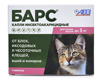 Барс капли против блох и клещей д/кошек до 5кг ( 1 пип. по 0,5мл) (Скидка)